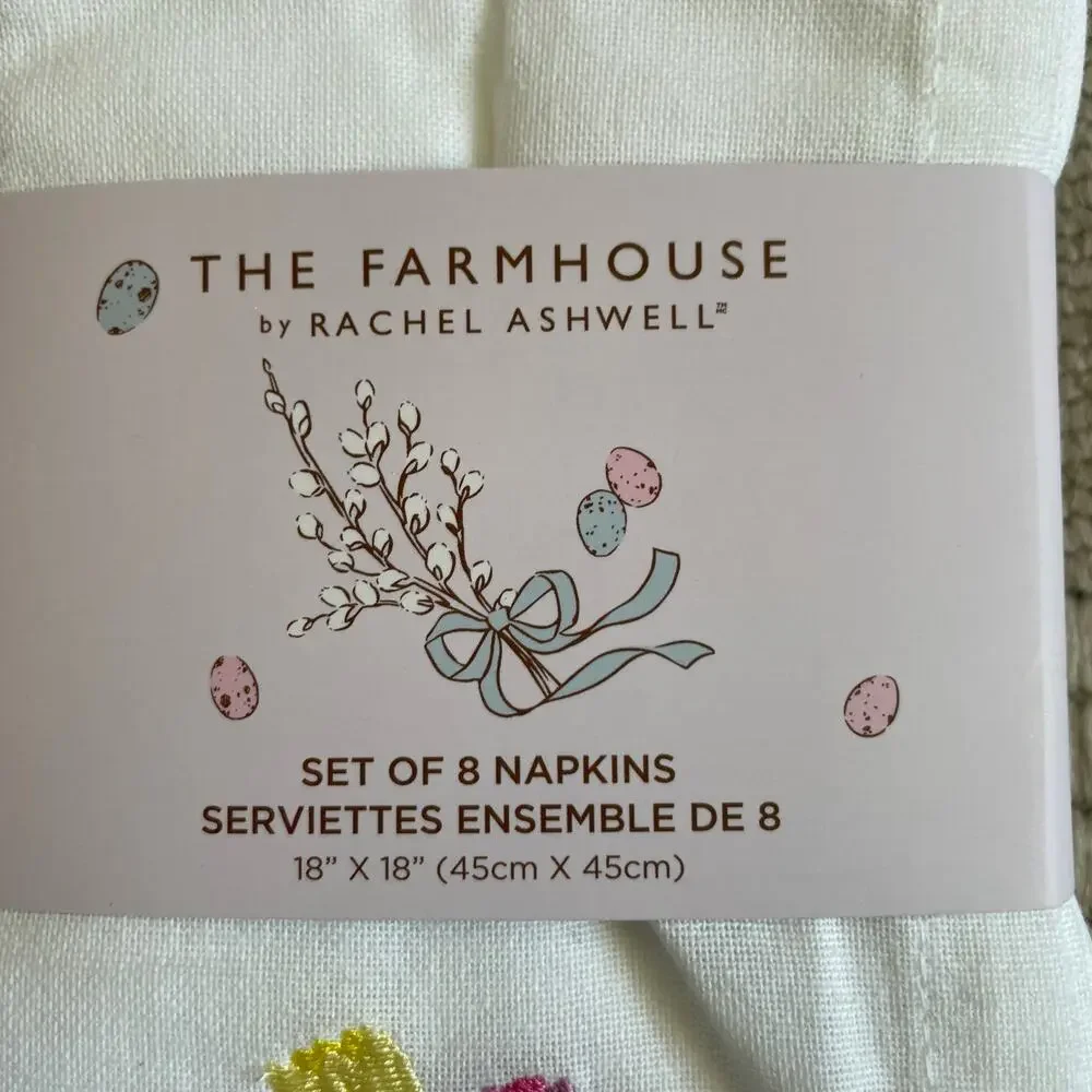 8pc Rachel Ashwell THE FARMHOUSE Cotton Napkins 18x18 Embroidered Tulips New